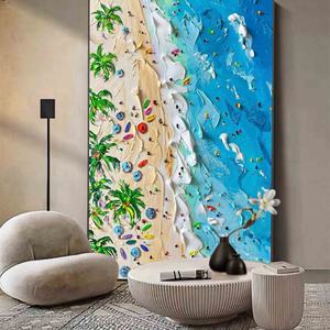 Tableau mural sur toile de peinture à l'huile, thème vacances en bord de mer, décoration intérieure, art sur toile en plâtre, vagues océaniques bleues, art mural de plage - Product Image 4