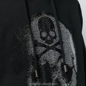 Wholesale Drop Shoulder High Quality Men Black Skeleton Streetwear Custom Logo Skull Rhinestone Patch Hoodie For Men