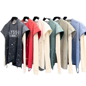 Camiseta de manga larga de cuello redondo personalizada para hombre, estampado de lavado sucio de tinta a la moda con contraste de color, estilo informal empalmado - Product Image 4