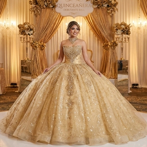 ชุดราตรีงาน Quinceanera สีแชมเปญโกลด์สุดหรู รุ่น Xs305 แขนยาว ประดับลูกปัดและเลื่อม ผ้าทูลล์ยาวลากพื้น เหมาะสำหรับงานกลางคืน - Product Image 1