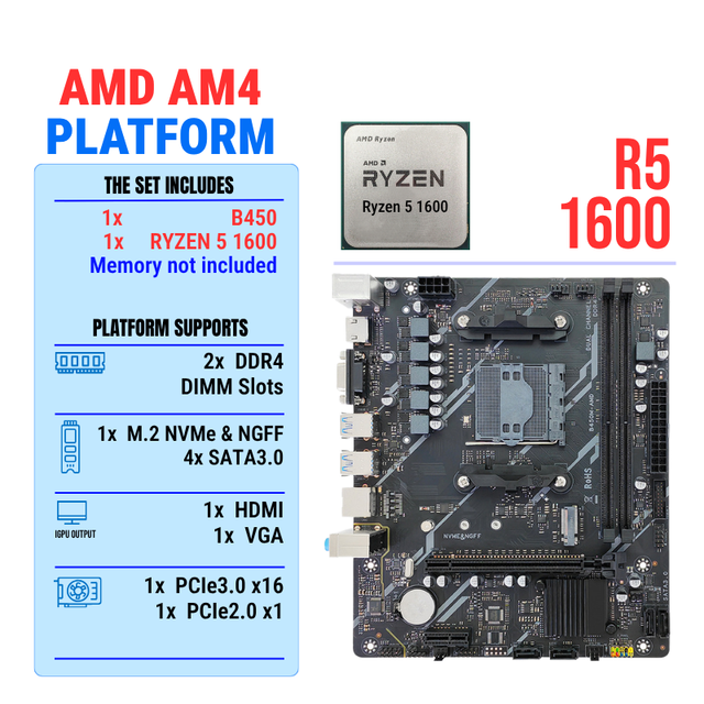 PANDL NEW B450 AM4 Mainboard Combo Set AMD Ryzen 5 1600 with XMP 2X DDR4 DIMM NVME GEN3X4 SATA3.0 USB3.0 B450 Motherboard