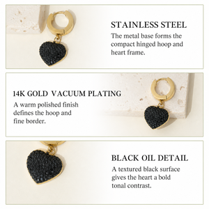 Boucles d'oreilles pendantes Huggie Cœur Noir en Acier Inoxydable Plaqué Or 14K sous Vide, Anneau Articulé 19 mm, Bijoux - Product Image 5