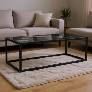<b>Black</b> Tempered Glass Coffee Table Powder Coated Steel <b>Frame</b> Modern Minimalist Living Room Furniture - Product Image 2