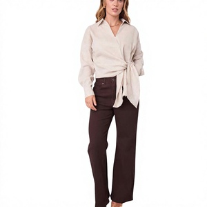 Chemise Courte Décontractée d'Été pour Femme 100% Lin, Coupe Ample, Col Rond, Boutonnée, Manches Longues, Couleur Unie, Respirante, en Coton et Lin - Product Image 1