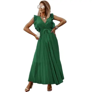 Longue robe plissée en mousseline de soie, pour femme, tenue élégante, slim, couleur unie, à la mode, manches volantes, robes décontractées, 2020