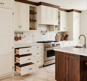 SANTOPOVA Farmhouse Style Solid Wood Tone <b>Kitchen</b> <b>Cabinets</b> with Open Shelving and <b>Soft</b>-<b>Close</b> Drawer System - Product Image 1