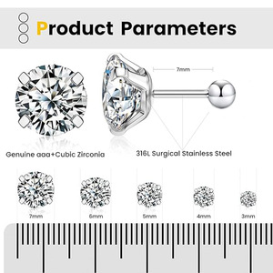 Boucles d'oreilles en acier inoxydable 316 avec une seule pierre précieuse en zircon et un dos à visser rond pour un usage unisexe - Product Image 3