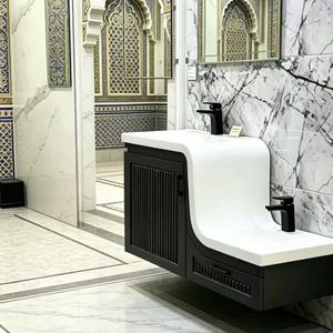Ensemble de salle de bain double en pierre artificielle avec lavabo haut-<span class=keywords><strong>bas</strong></span> simple et rangement, idéal pour la famille - Product Image 3