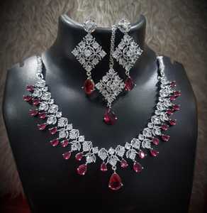 Contemporary Design White and Pink American Diamond Studded Triangular Necklace Earring <b>Fashion</b> <b>Jewellery</b> Set For Women - Product Image 1