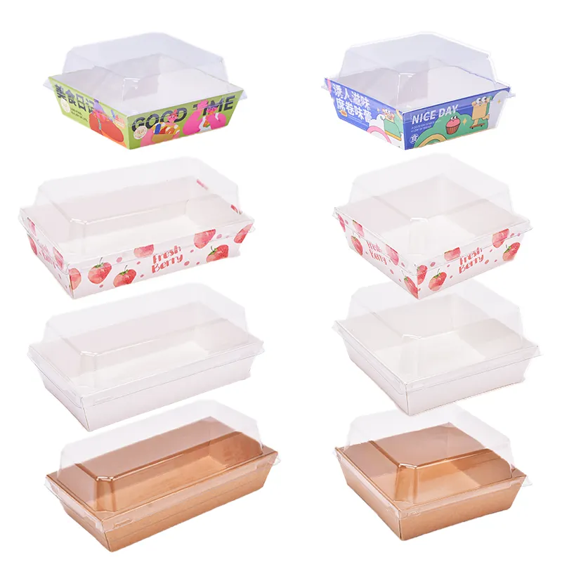 Caja personalizada de fábrica con tapa transparente, bandeja de papel de Kraft, embalaje de alimentos desechables, comida y bebida, venta al por mayor