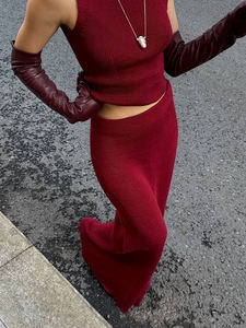 Ensemble Décontracté Blubelle <span class=keywords><strong>Femme</strong></span> 2 Pièces Uni Élégant : Gilet Col Roulé & <span class=keywords><strong>Jupe</strong></span> Longue Tricoté Tissé Tenue Estivale Tendance - Product Image 6