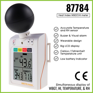 Termómetro Digital Portátil 2 en 1 con Índice de Calor, Temperatura de Bulbo Húmedo y Temperatura Globe, Pantalla LCD, Resolución de 0.1°C/F, Indicador de Alarma Audible - Product Image 1