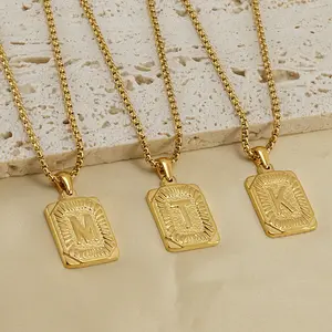 Stainless Steel Chunky Hiphop Unisex Rectangle Pendant Popular Alphabet A to Z 18K Gold Plated Initial Necklace