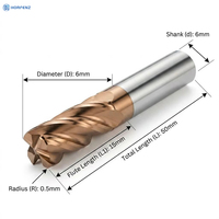 HRC60 Carbide Corner Radius End Mill D6*R0.5 Bull Nose Milling Cutter Alat CNC Presisi Lapisan AlTiN ODM OEM 4-Flute