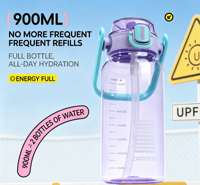 Bouteille d'eau en plastique grande capacité 900 ml avec paille et ouverture pour boire directement, étanchéité anti-fuite, antichoc et résistante aux chutes