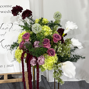 Lime Green Hydrangea and Burgundy Rose Silk Artificial Flowers for Wedding and Back to School Decorations Modern Style - Product Image 3