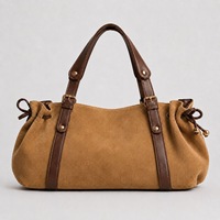 Tas Bahu Wanita Gaya Retro Prancis Vintage, Bahan Mirip Suede, Kapasitas Besar, Model Tali Serut, Dengan Trim PU
