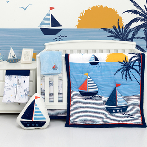 Juego de Ropa de Cama <span class=keywords><strong>para</strong></span> Bebé Niño, Diseño de Barco Azul Océano, <span class=keywords><strong>Edredones</strong></span> de Algodón <span class=keywords><strong>para</strong></span> Cuna, 4 Piezas - Product Image 1