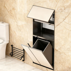 Porte-papier toilette multifonctionnel caché, moderne, en acier inoxydable, tout-en-un, brosse à toilette, poubelle, niche murale encastrée - Product Image 2