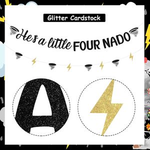 Decorazioni per Festa di Compleanno a Tema Four Nado per Ragazzi, Striscione 'Lui è un Piccolo Four Nado', Insegna Nera Tornado, Accessori per il 4° Compleanno - Product Image 3