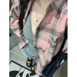 <strong>Women's</strong> Sun Protection Plaid Shirt Lightweight Summer Long Sleeve Oversized UV Block Button Down Pink <strong>Tartan</strong> Cardigan Jacket - Product Image 2