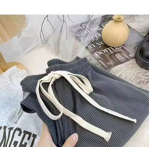 Pantalons décontractés amples à taille haute rayés pour femmes, vente en gros à bas prix, 2026, cordon de serrage, extensible, pantalon long uni pour femmes - Product Image 3