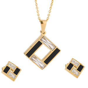 Conjunto de collar cuadrado geométrico dorado con incrustaciones negras y piedras transparentes para mujer, uso diario. - Product Image 1
