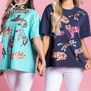 T-<span class=keywords><strong>shirt</strong></span> décontracté surdimensionné en coton pour <span class=keywords><strong>femme</strong></span>, avec logo personnalisé, écologique, de haute qualité, imprimé animalier, <span class=keywords><strong>paillettes</strong></span>, motif tigre - Product Image 1