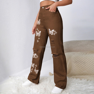 Jeans personnalisés à imprimé papillon délavé pour femmes, pantalon en denim déchiré pour femmes - Product Image 2
