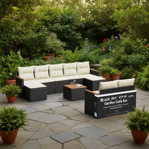 Ensemble de canapés de jardin noir et crème, meubles en rotin d'extérieur avec coussins en mousse haute densité, design contemporain imperméable - Product Image 2