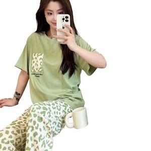 Damen süße süße Cartoon Muster Lounge wear Set Frühling Herbst große elastische Taille lange Hosen kurze Ärmel vorne Logo - Product Image 5
