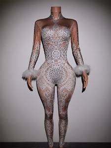 Tutine aderenti Sexy con motivo in <span class=keywords><strong>pizzo</strong></span> bianco Costume da ballo <span class=keywords><strong>tuta</strong></span> da donna Costume intero <span class=keywords><strong>tuta</strong></span> da donna festa del Club festa in strass - Product Image 2