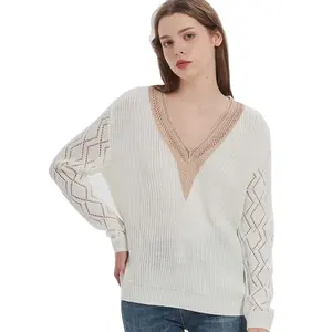 Neck Lace Knit Sweater V-Neck Hollow Crochet Long Sleeve Ladies Knitwear Pullover Sweater For Women Knitted Tops Wholesale