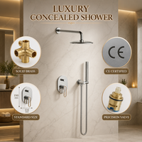 Ensemble de douche mural encastré pour salle de bain, finition chrome poli, pommeau de douche pluie, douchette à main, levier or rose pour usage domestique