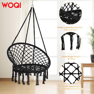 Silla colgante WOQI de cuerda de algodón negra con aro de metal para sala de estar, jardín, balcón - Product Image 2