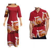 Robes Puletasi tendance pour femme et chemises Aloha pour homme, motif tribal bleu polynésien, ensemble couple, inspiré de l'art des îles du Pacifique - Vente chaude