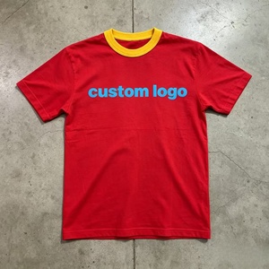 เสื้อยืดสีขาวสำหรับผู้ชาย แต่งขอบสีน้ำเงิน พิมพ์โลโก้ตามสั่ง คอกลม แขนสั้น ทรงปกติ ผ้าคอตตอนเจอร์ซีย์ - Product Image 3