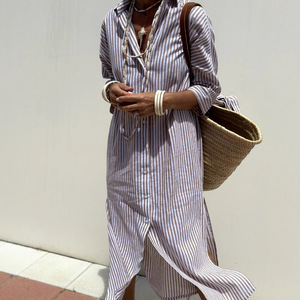 Elegante Abito Camicia a Righe da Donna 2026, <span class=keywords><strong>Vestito</strong></span> <span class=keywords><strong>Midi</strong></span> alla Moda <span class=keywords><strong>con</strong></span> Colletto Rovesciato e Maniche a Tre Quarti <span class=keywords><strong>con</strong></span> <span class=keywords><strong>Spacco</strong></span> - Product Image 3