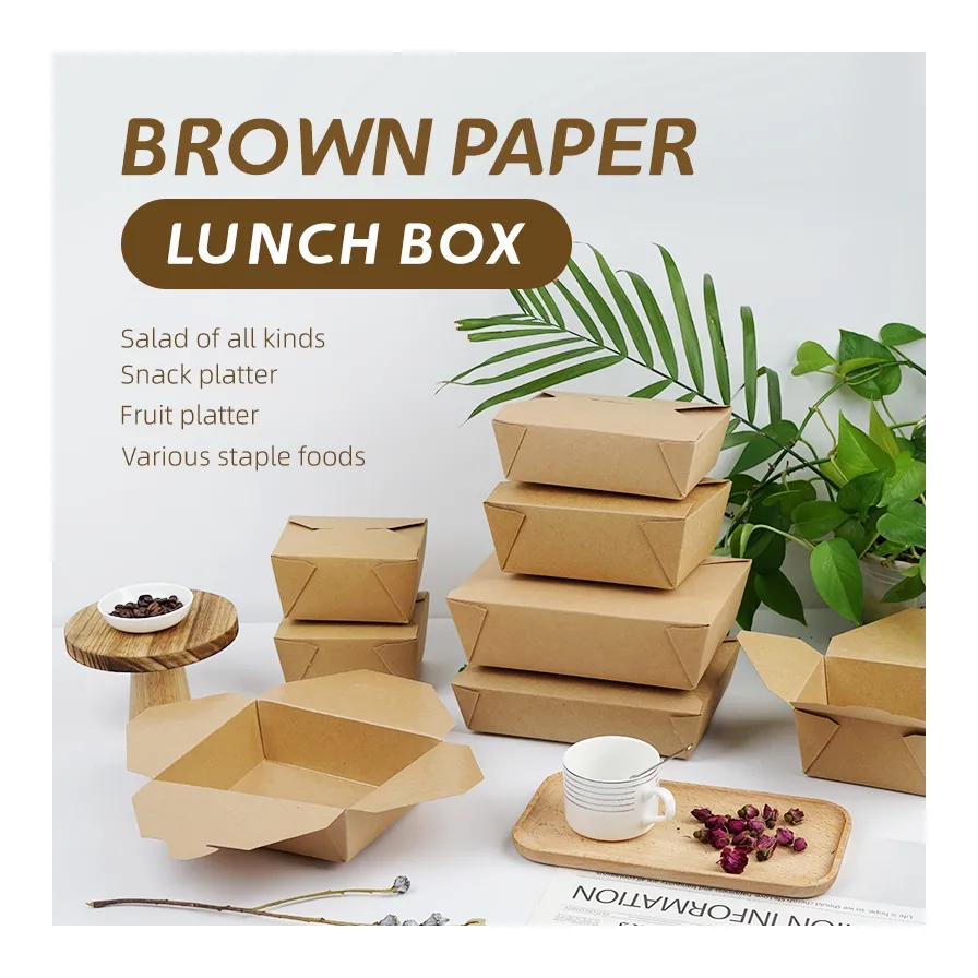 Takeaway kağıt salata kasesi Hamburger gıda paketleme kabı tek kullanımlık mikrodalga Kraft kağıt yemek kabı