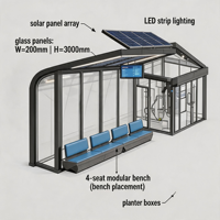 Abri de bus moderne en verre à énergie solaire, station d'arrêt de bus intelligente pour ville connectée avec toit à panneaux solaires et affichage numérique de l'heure d'arrivée du bus