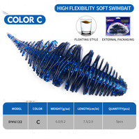 Vente en gros de leurres souples en PVC côtelés de 6g et 7,5cm, type ver et shad, avec tête de jig, pour la pêche à la perche, à la truite, au bar et au brochet, et comme appât nageur pour la pêche à la truite
