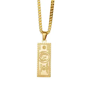 Dólar bill colar banhado a ouro cédula pingente titânio aço acessórios mens colar com pingente