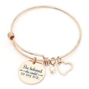 Stainless Steel Inspirational Jewelry Message Adjustable <b>Bangle</b> <b>Bracelet</b>, Bead String Wire <b>Bracelet</b> Heart Jewelry for Girls - Product Image 2