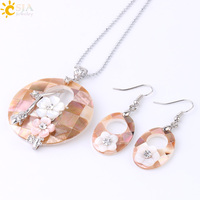 CSJA-Ensemble de bijoux en perles naturelles, pendentif, collier, boucles d'oreilles, coquille sculptée avec fleur, ensembles de bijoux bohème pour femmes F617