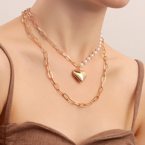 Collar de perlas sintéticas con colgante de corazón geométrico de doble capa para mujer, joyería versátil de estilo Ins - Product Image 3
