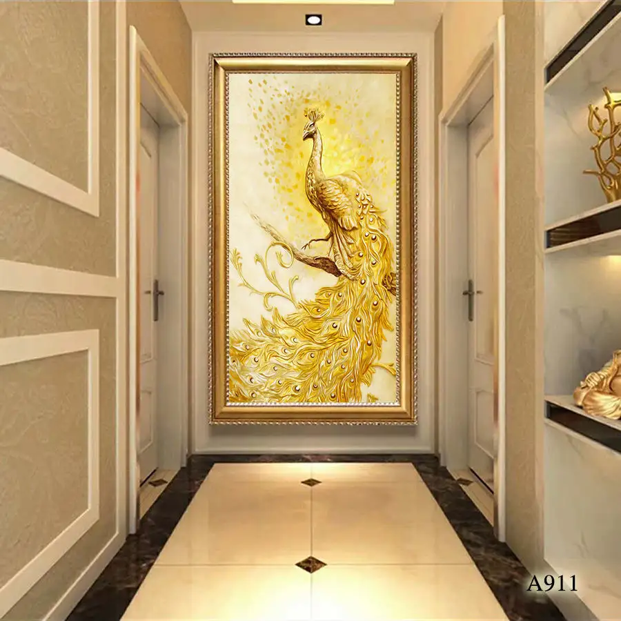 Large Size Wood Classic Gold Frame Painting Hanging Hotel Wall Art Tree Print Peacock Canvas Painting