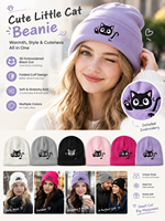 Bonnet en tricot brodé chat noir mignon, bonnet d'hiver unisexe à revers, doux et chaud, cadeau pour les amoureux des chats
