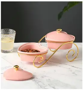 Nordic Design Iron Frame Tray Mixing Color 3 Layer Porcelain Candy Fruit Bowl Set Ceramic Heart Snack Nuts Bowl