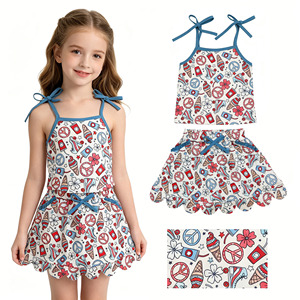 Conjunto corto con estampado de conchas marinas para niñas pequeñas, top con ribete festoneado y pantalones cortos con cordón, traje de verano para vacaciones en la playa para niños - Product Image 2