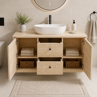 Meuble-lavabo mural moderne pour salle de bain, finition grain de bois, double porte, deux tiroirs, compatible avec lavabo sur pied, mobilier OEM personnalisé